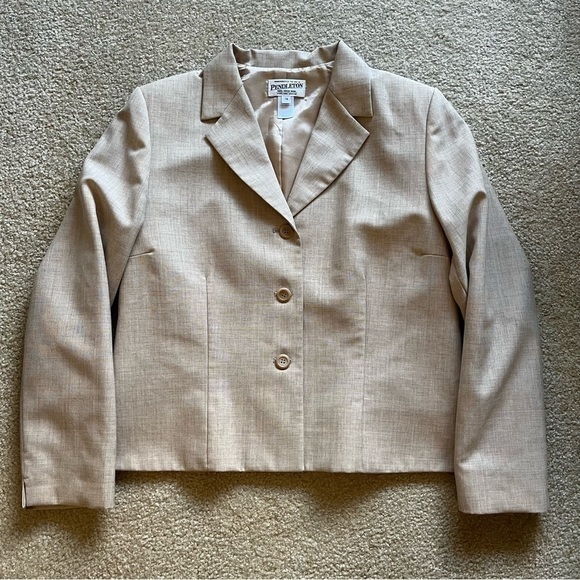 Pendleton Vintage Virgin‎ Wool Crop Jacket Shoulder Pads Tan Short Career Medium - Picture 6 of 9